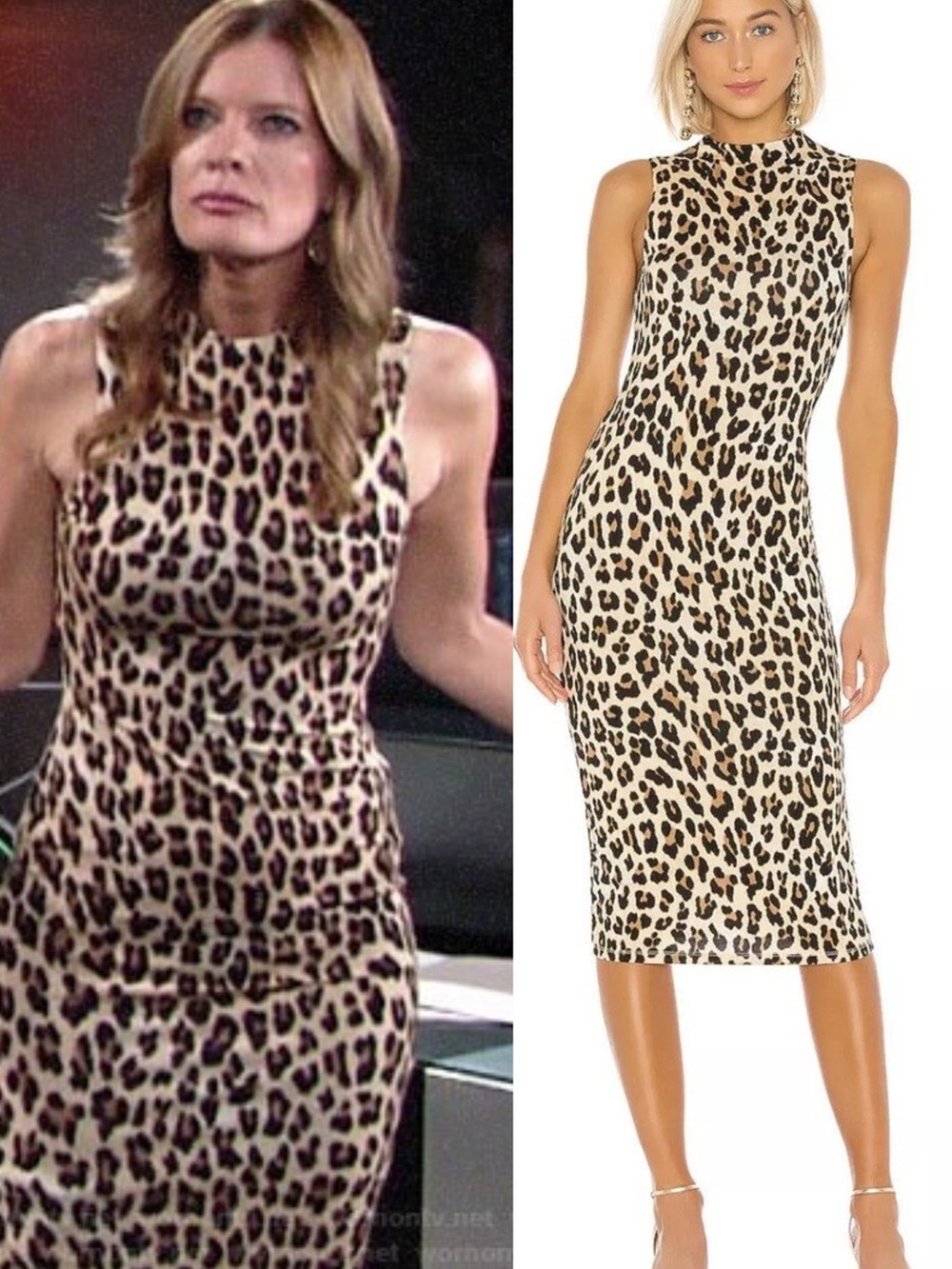 Alice + Olivia Delora Fitted Mock Neck MIDI Dress Leopard Print